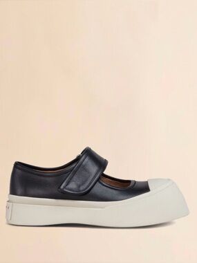 MARNI women’s Black Leather Mary Jane Sneaker with White Platform Sole.